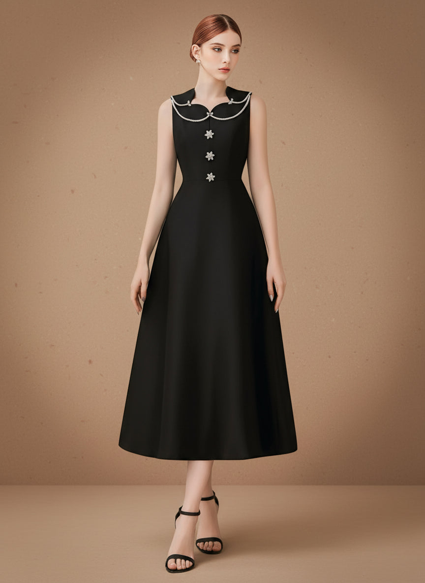 ビジューボタンフレアロングドレス［m122］