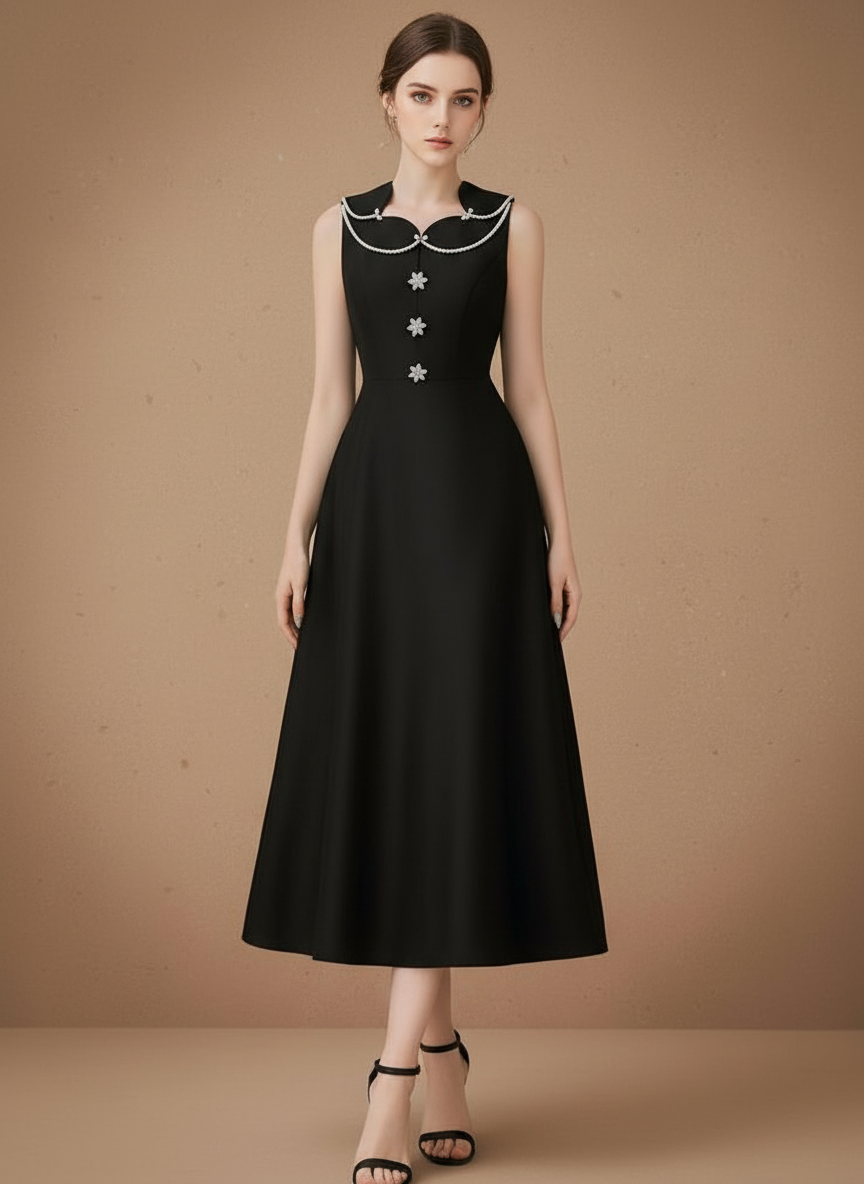 ビジューボタンフレアロングドレス［m122］