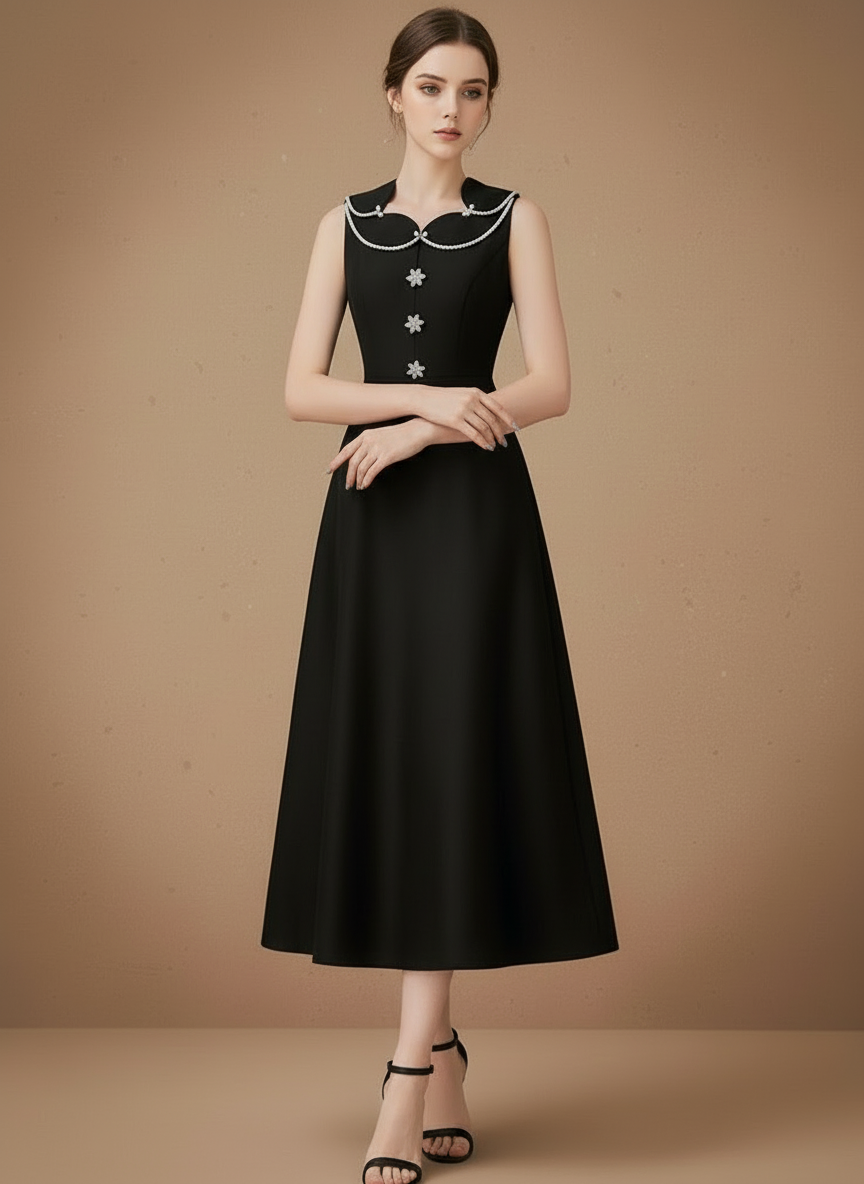 ビジューボタンフレアロングドレス［m122］