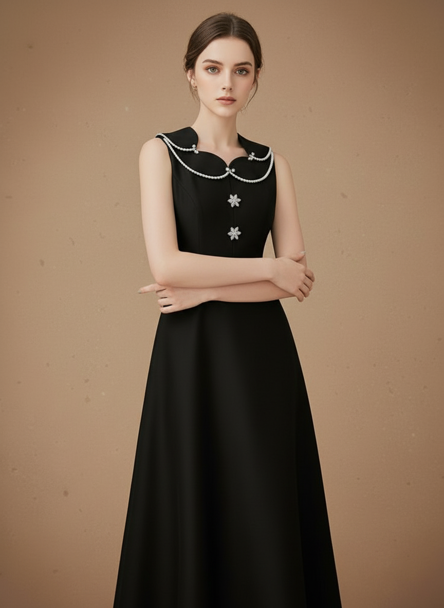 ビジューボタンフレアロングドレス［m122］