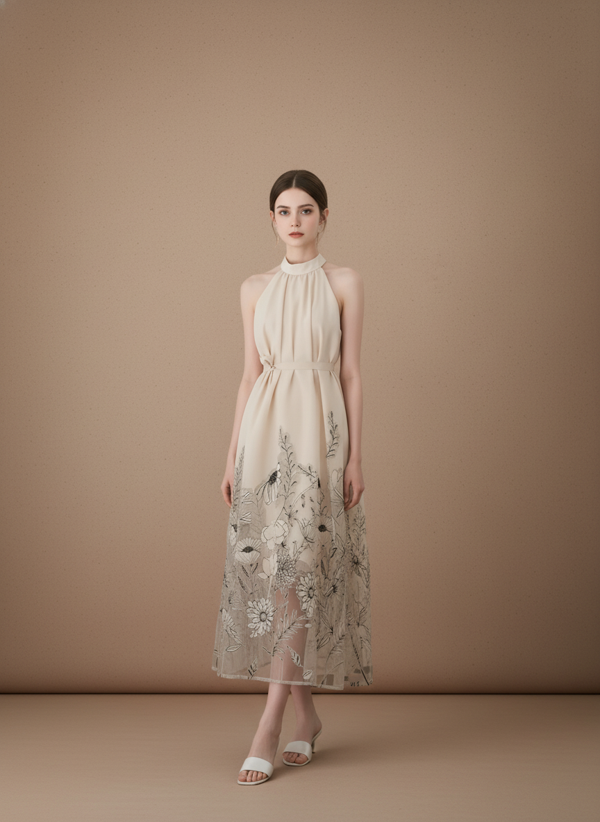 フローラルシアーハイネックロングドレス［m195］