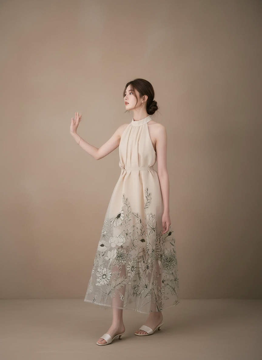 フローラルシアーハイネックロングドレス［m195］