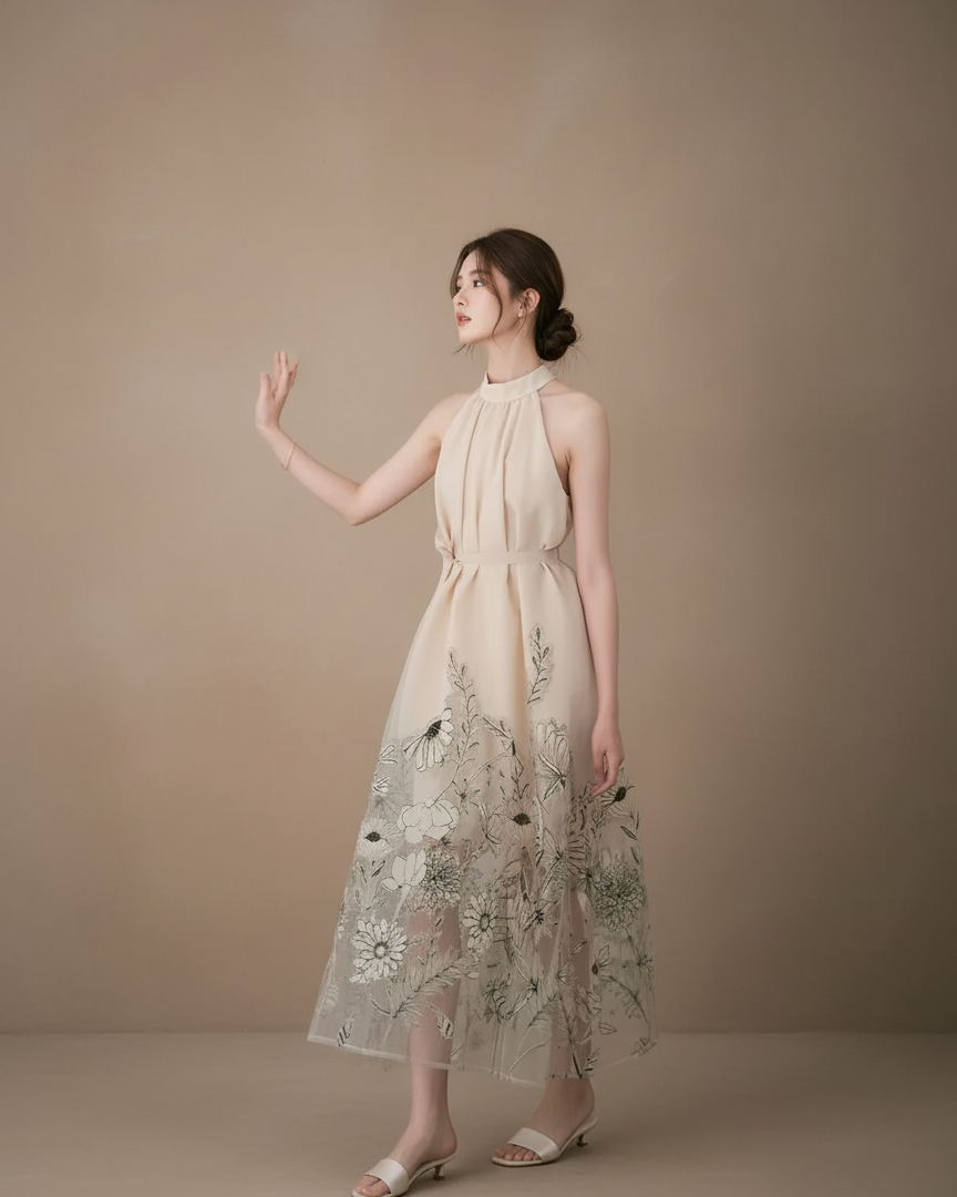 フローラルシアーハイネックロングドレス［m195］