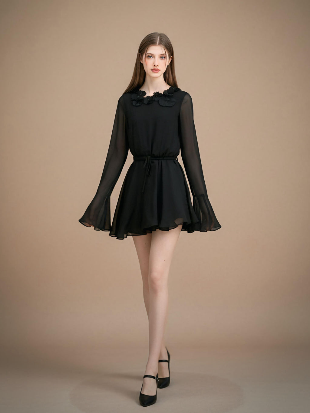 フラワーモチーフ・シフォンミニワンピース[m217]