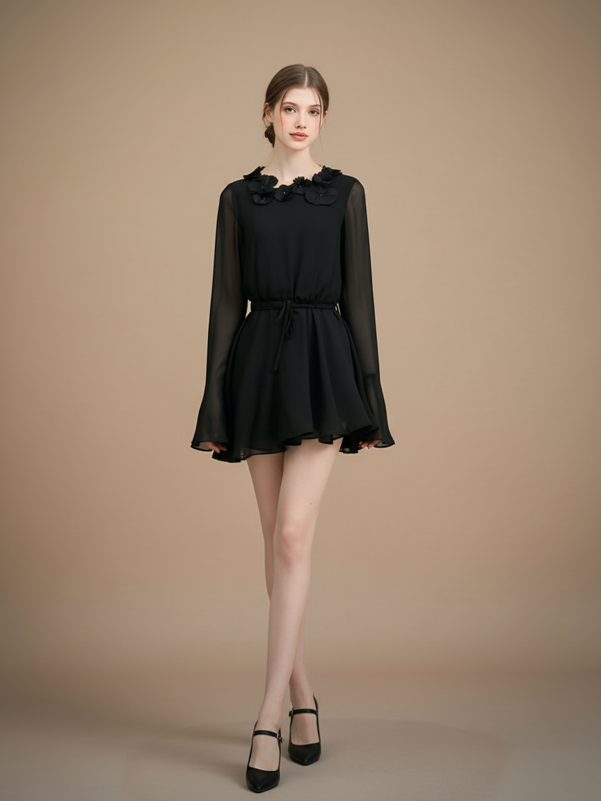 フラワーモチーフ・シフォンミニワンピース[m217]