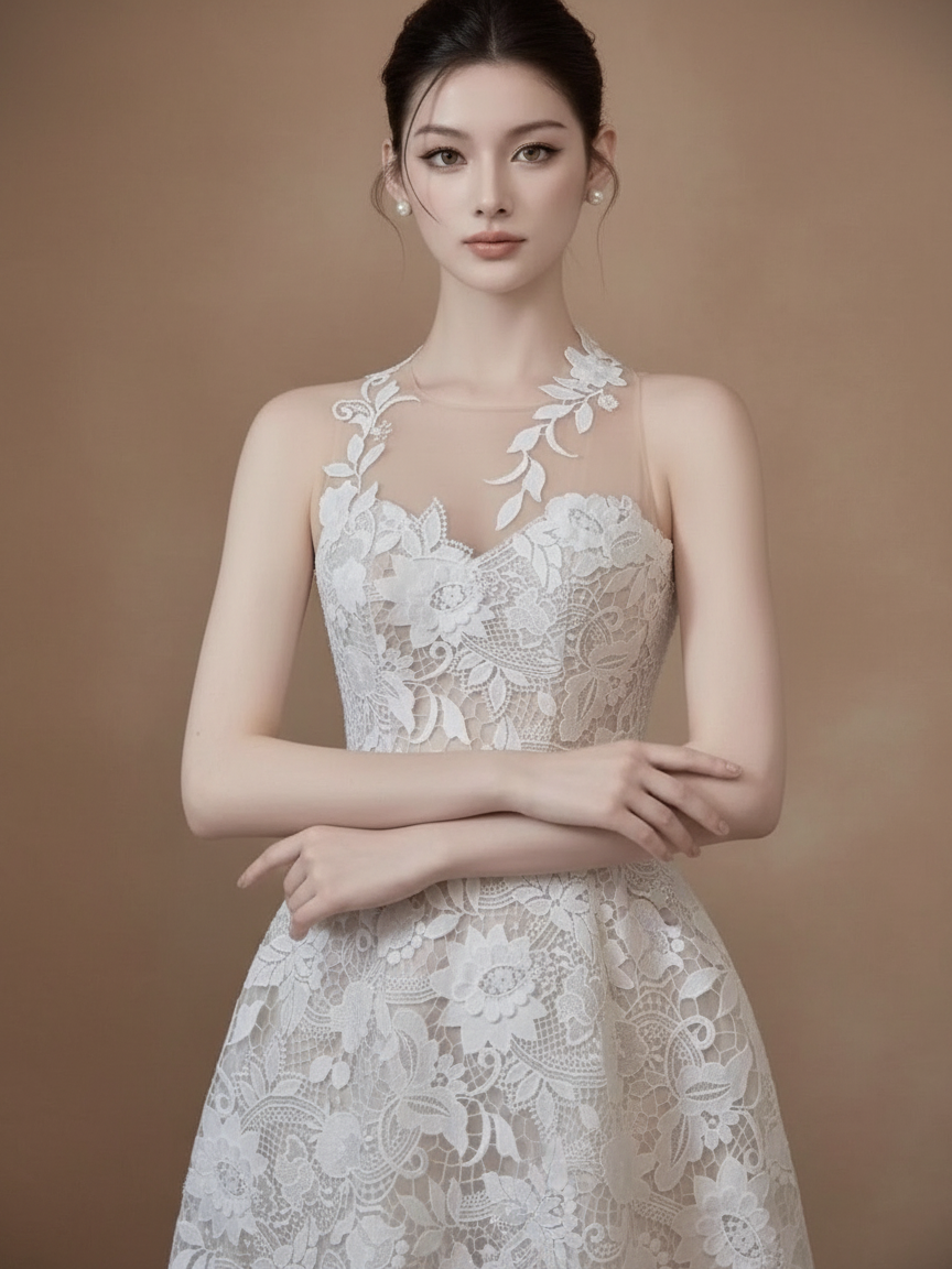 フラワーレースミディドレス［m043］