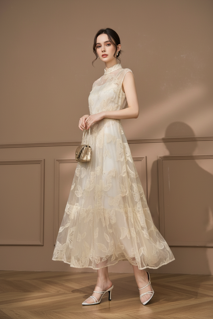 フラワーエンブロイダリー・シアーフレアロングドレス[m252]