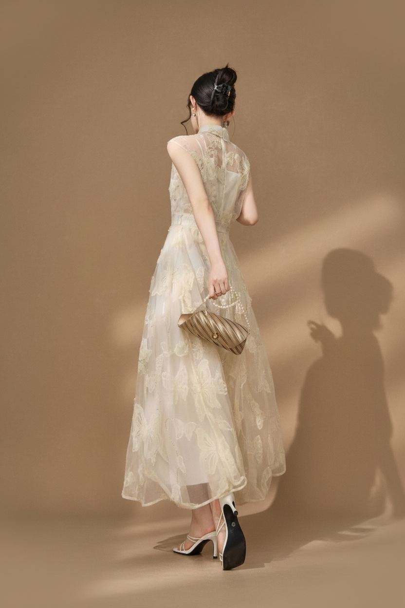 フラワーエンブロイダリー・シアーフレアロングドレス[m252]