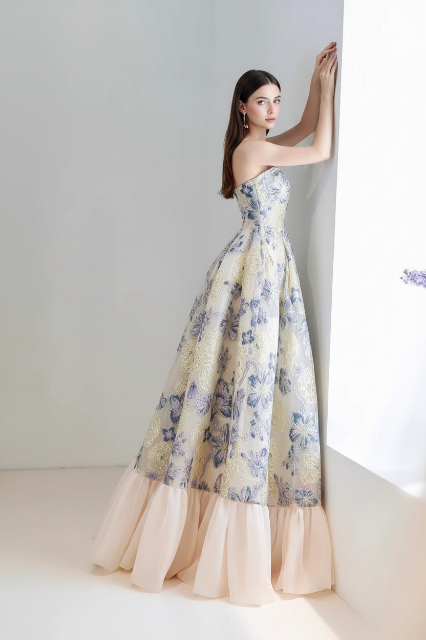 ブルーフラワージャガード・ラッフルヘムロングドレス[m270]