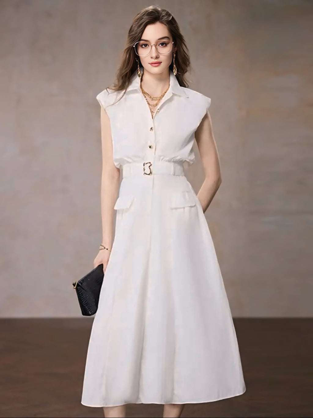 ノースリーブベルトロングワンピース［m131］