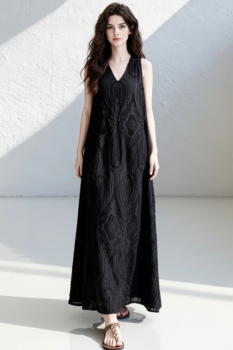 エンボスジャカードVネックロングドレス[m292]