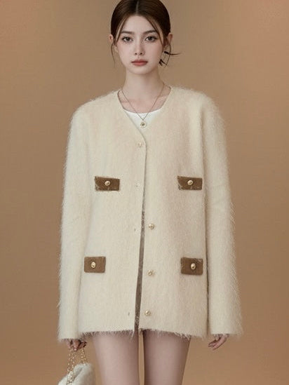 フェザーニット・バイカラーポケットカーディガン[m210]