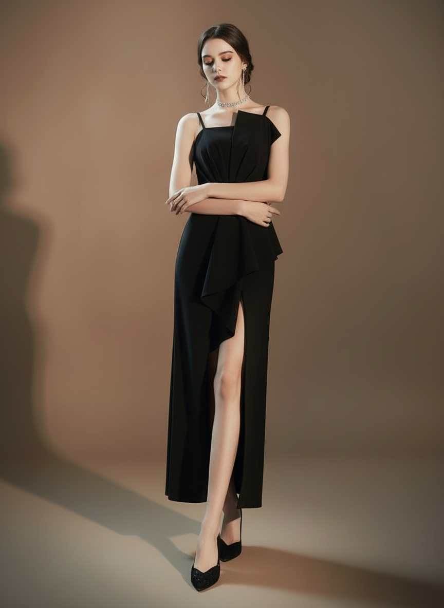 アシンメトリータック・スリットロングドレス[m215]