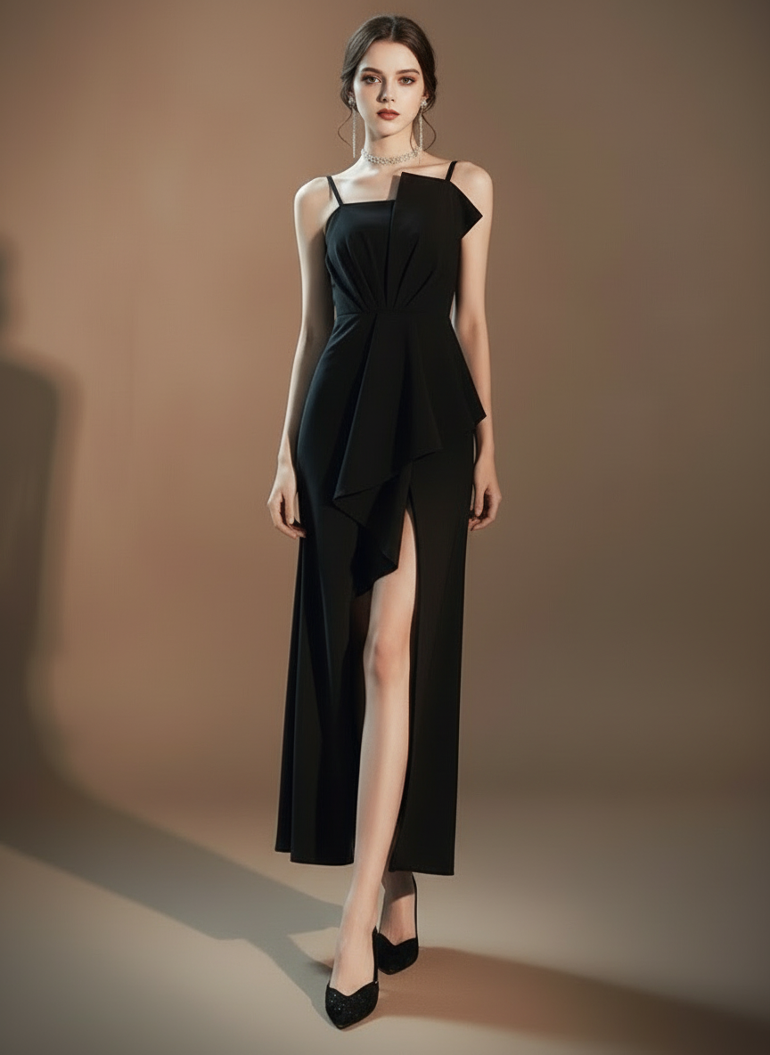 アシンメトリータック・スリットロングドレス[m215]