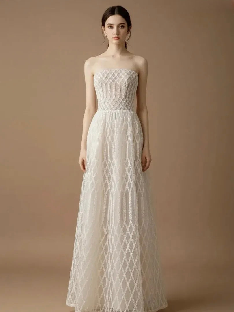 チュールレイヤードストラップレスロングドレス［m119］