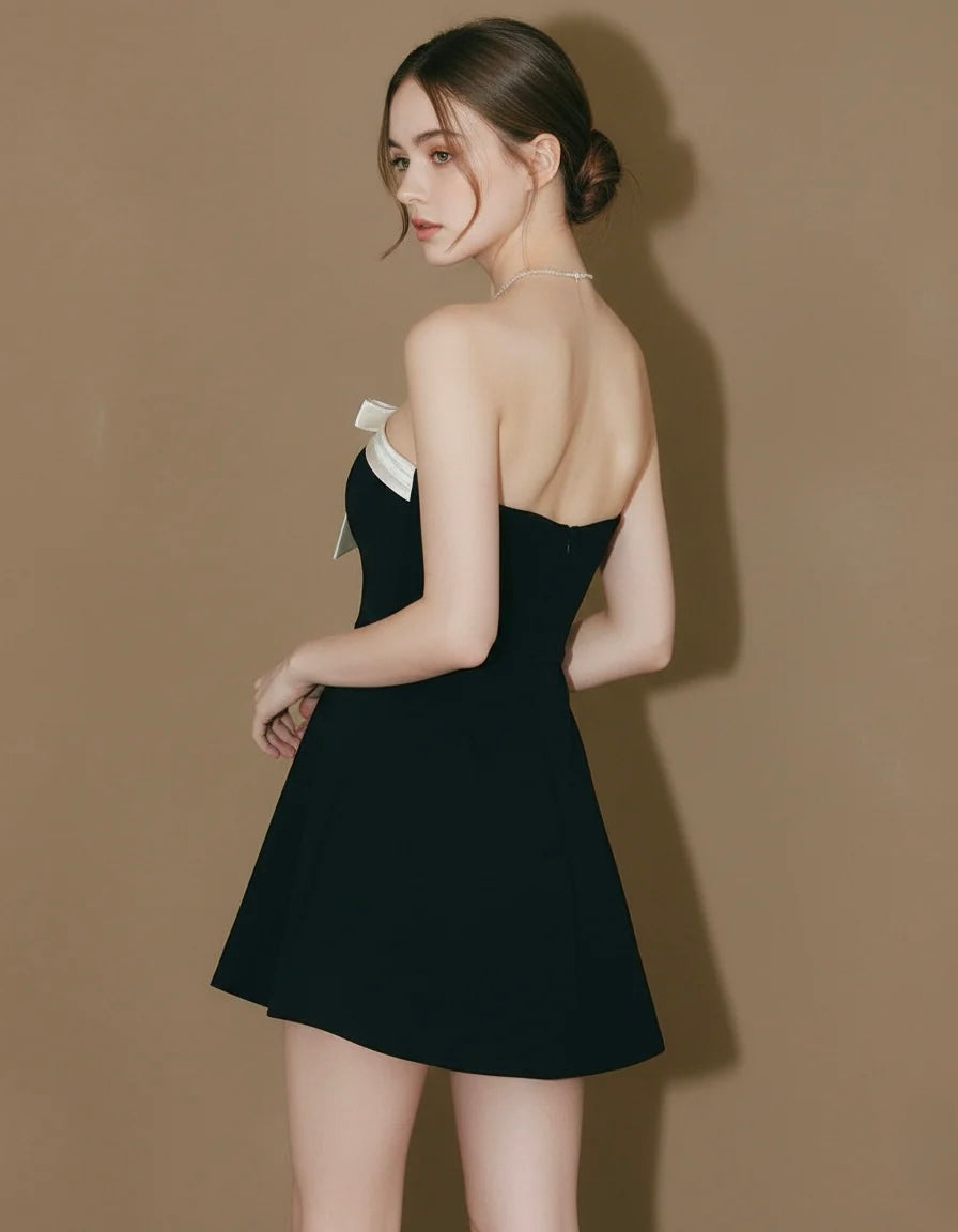 バイカラー・ストラップレスフレアミニドレス[m219]