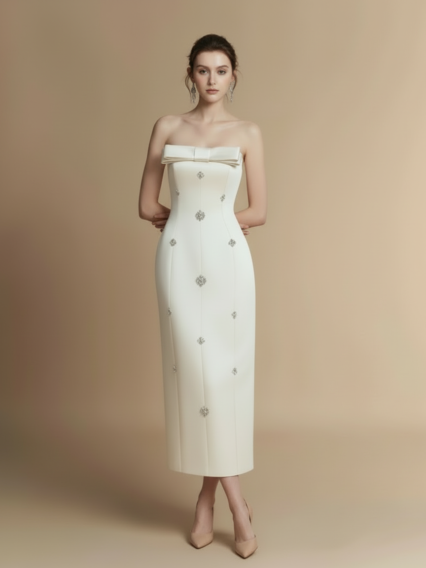 ビジュー付きストラップレスロングドレス［m106］