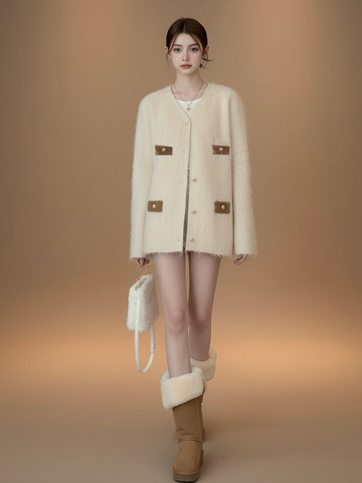 フェザーニット・バイカラーポケットカーディガン[m210]