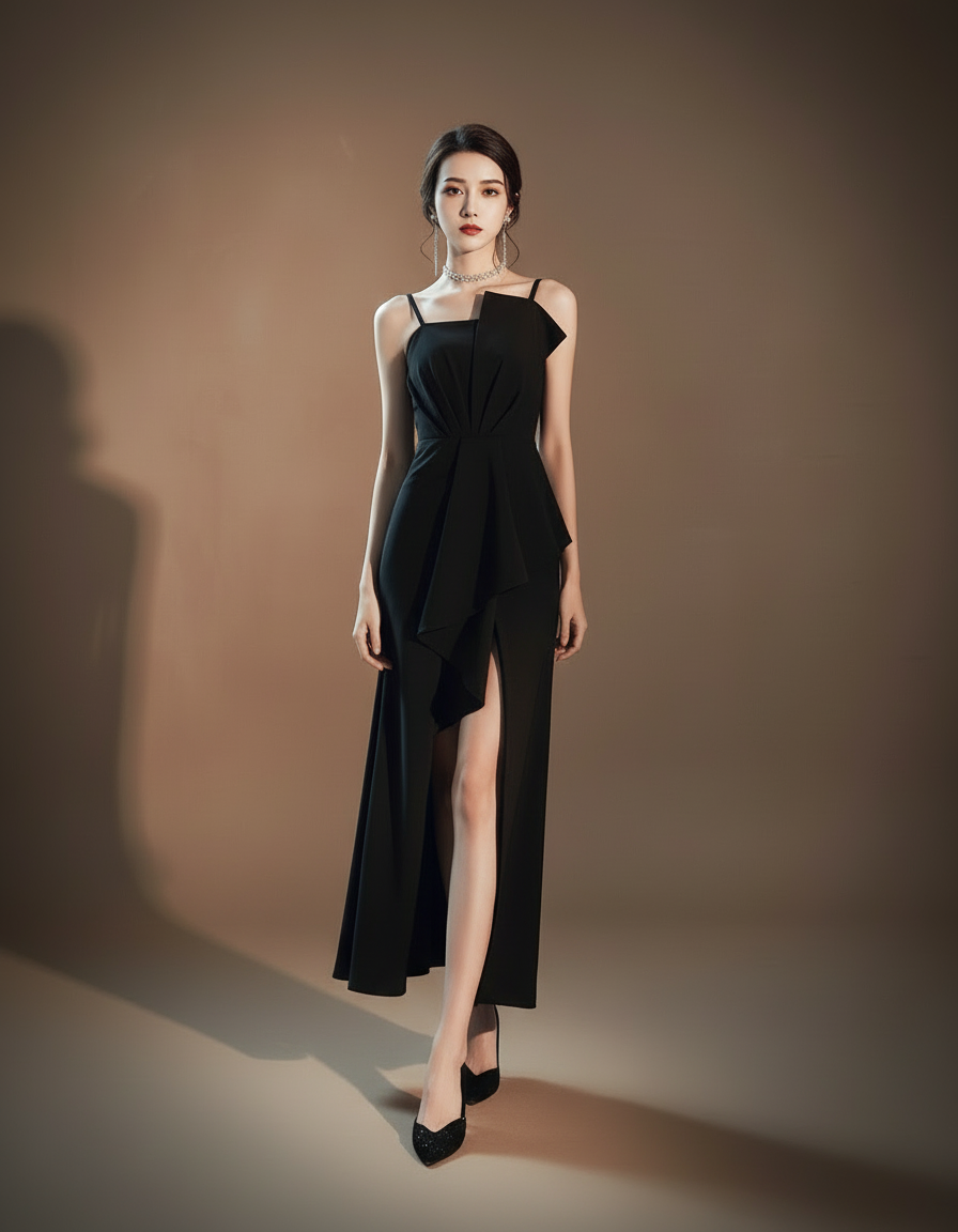 アシンメトリータック・スリットロングドレス[m215]