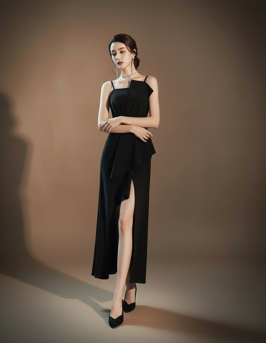 アシンメトリータック・スリットロングドレス[m215]