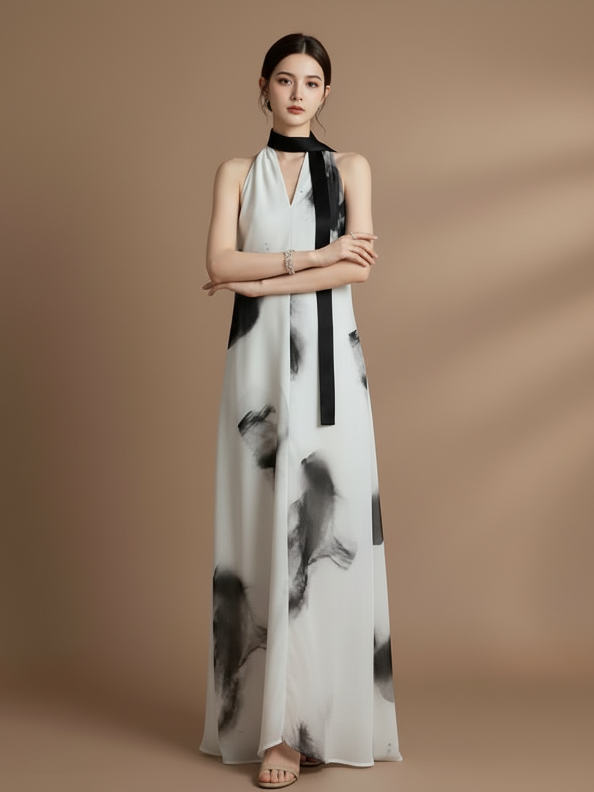 モノトーンアートホルタードレス［m169］