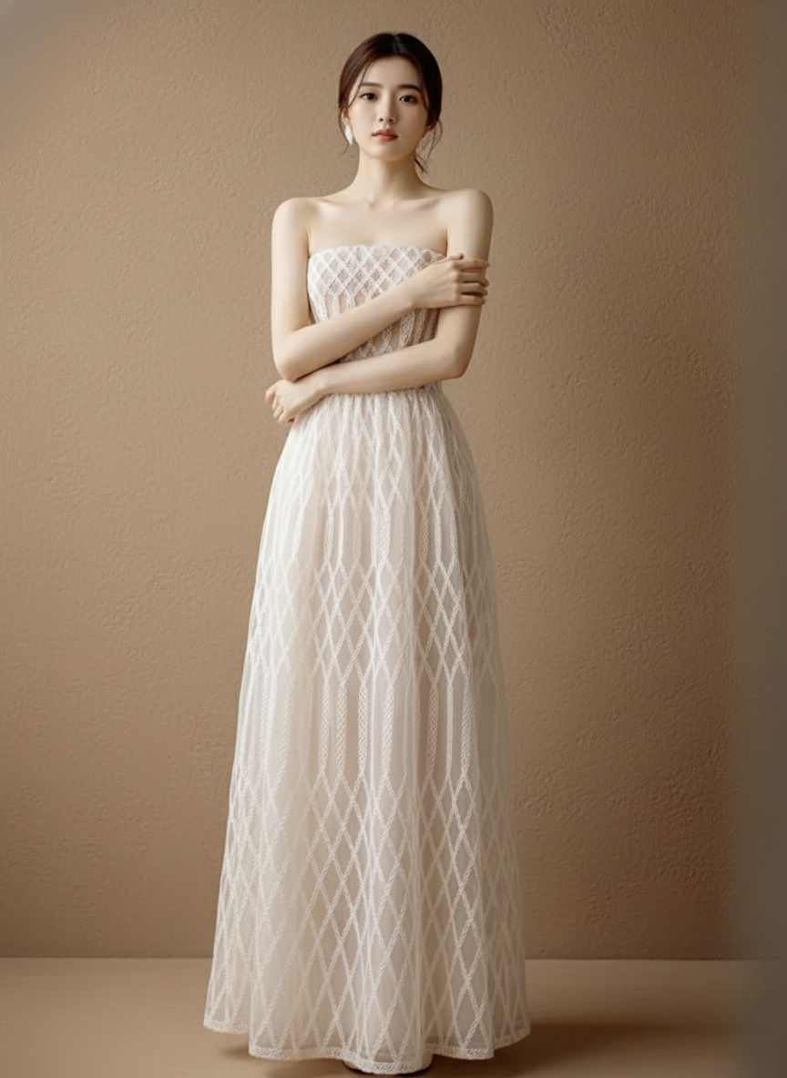 チュールレイヤードストラップレスロングドレス［m119］