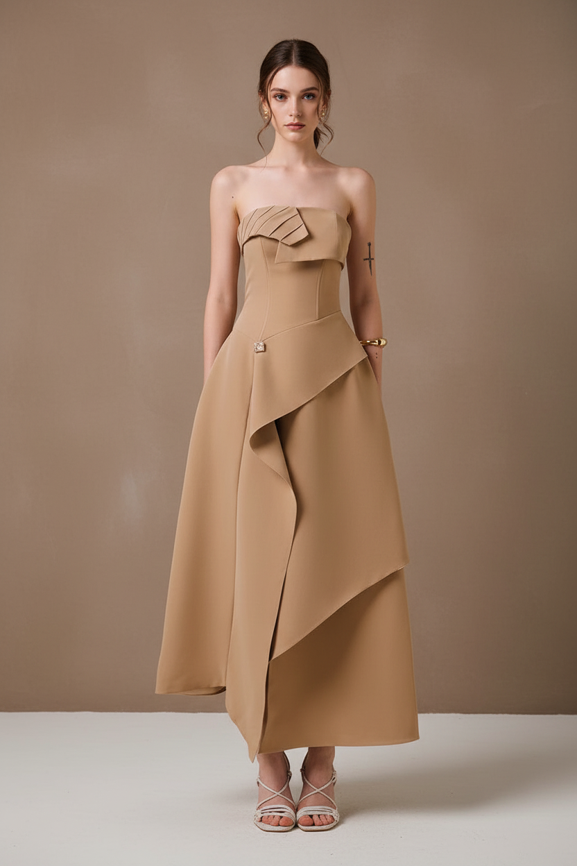 ストラップレス・アシンメトリーフレアロングドレス[m228]