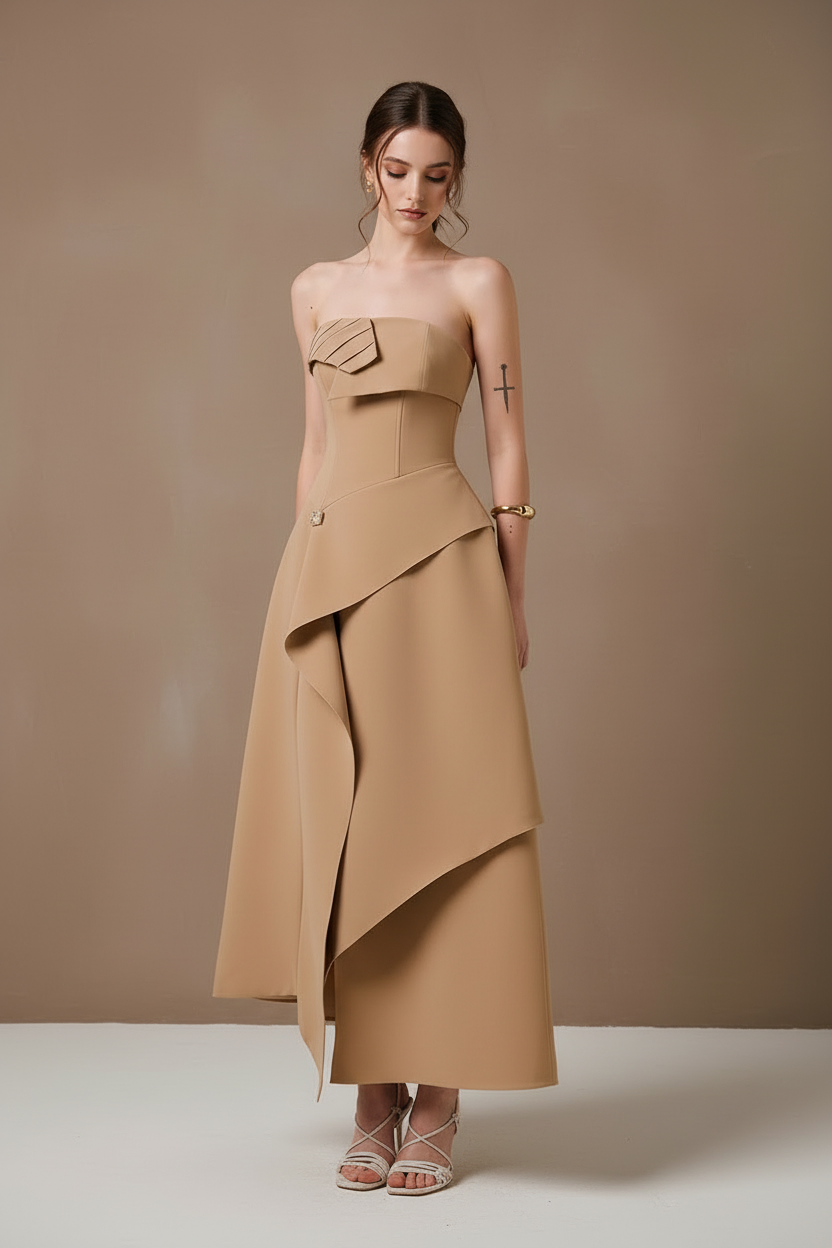 ストラップレス・アシンメトリーフレアロングドレス[m228]