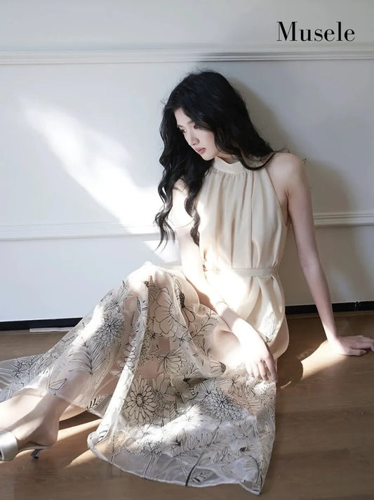 フローラルシアーハイネックロングドレス［m195］