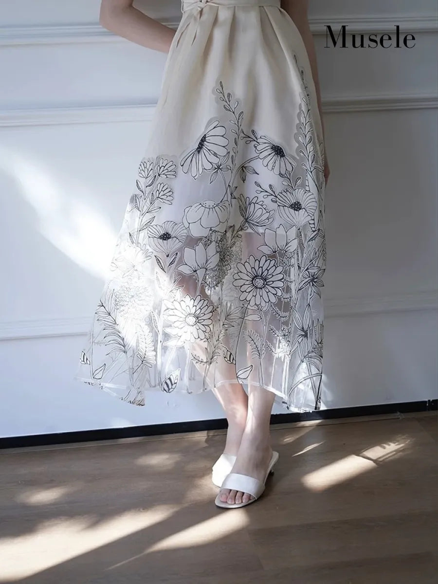 フローラルシアーハイネックロングドレス［m195］