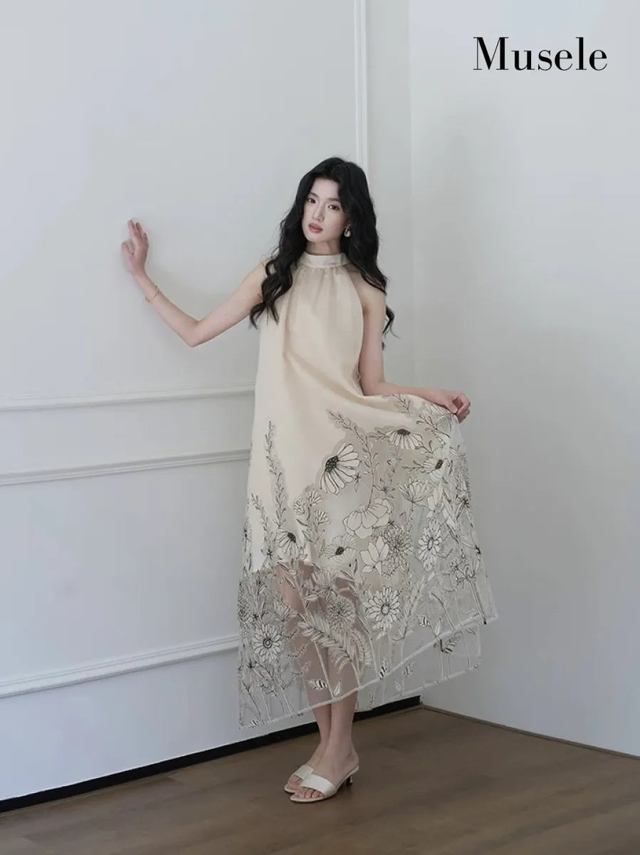 フローラルシアーハイネックロングドレス［m195］