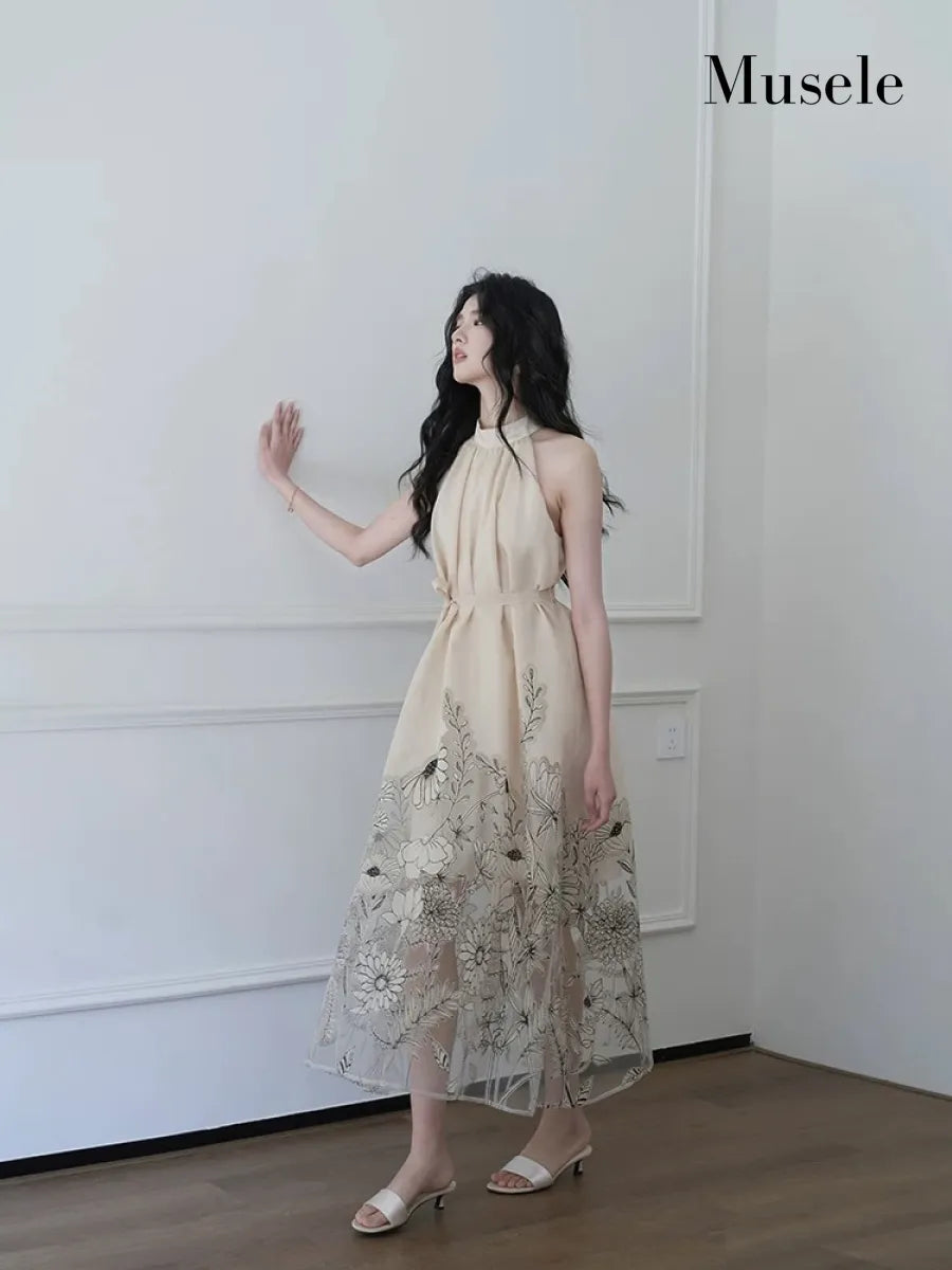 フローラルシアーハイネックロングドレス［m195］