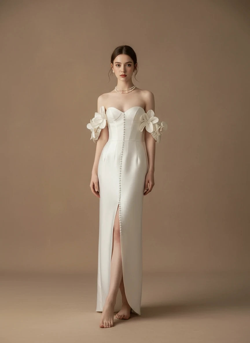 フラワースリーブオフショルダーホワイトドレス［m191］