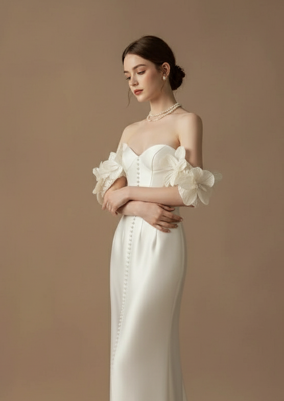 フラワースリーブオフショルダーホワイトドレス［m191］