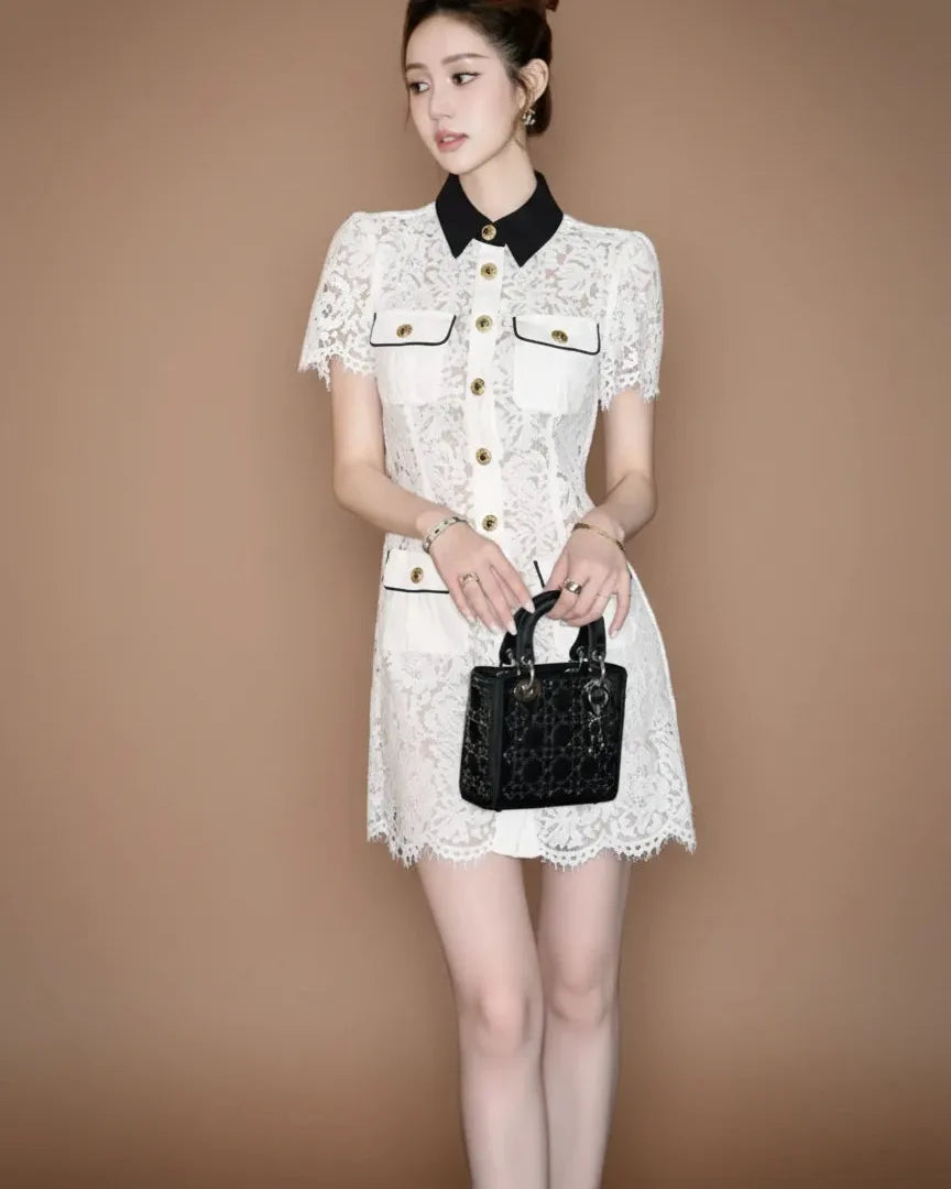 ゴールドボタンレースシャツミニドレス［m193］