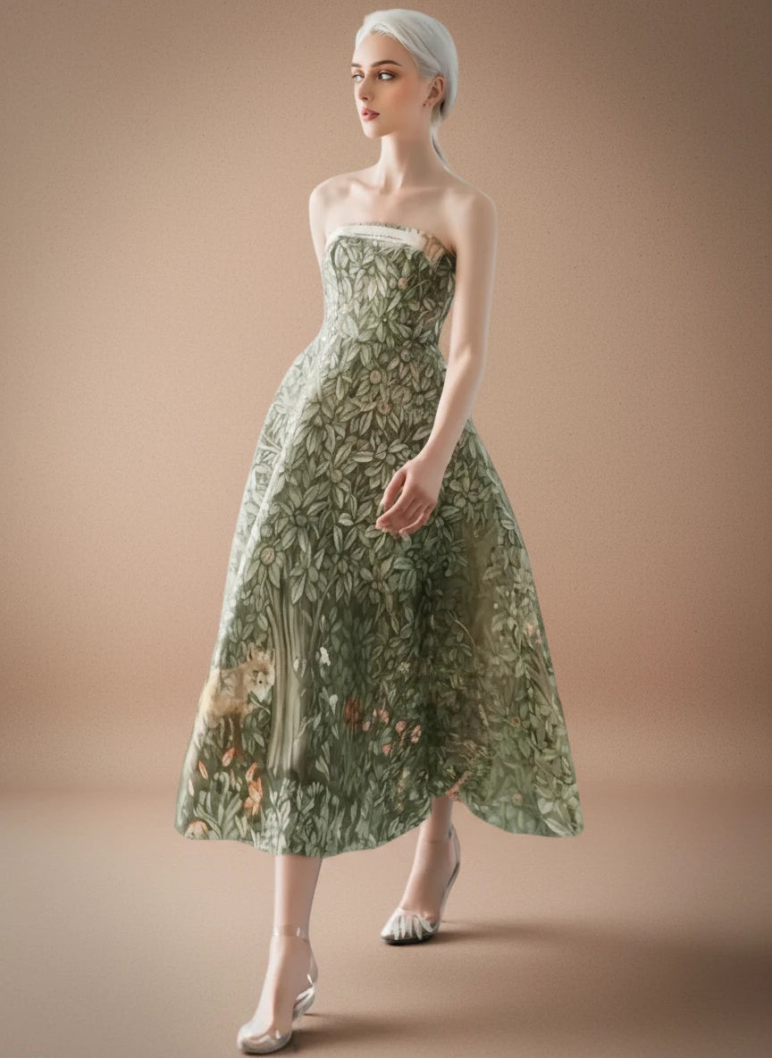 フォレストプリントストラップレスロングドレス［m188］