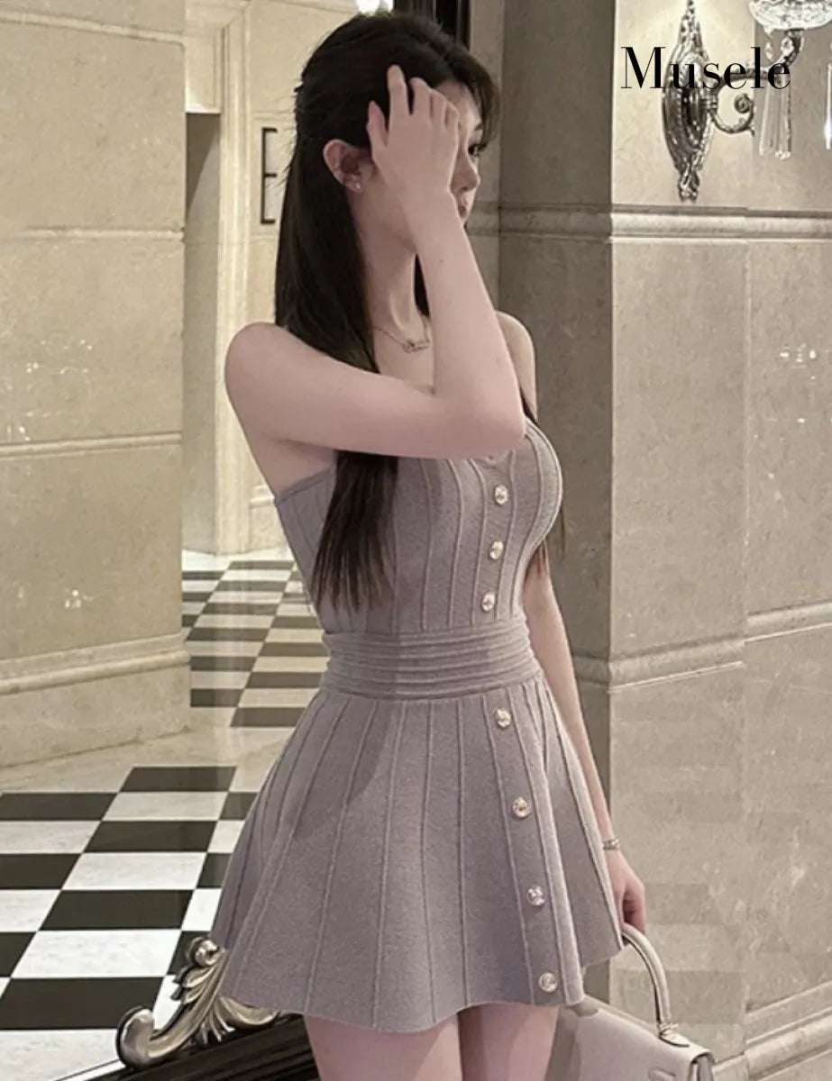 オフショルダー プリーツニット ミニドレス［m012］