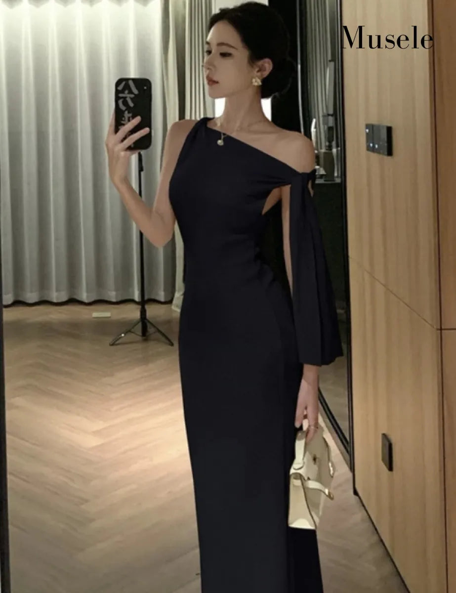 ワンショルダーロングドレス アシンメトリー ワンショルダー ロングドレス［m014］ – Musele