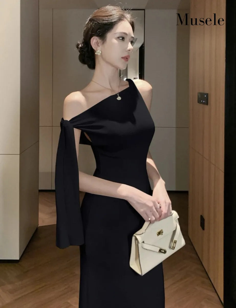 アシンメトリー ワンショルダー ロングドレス［m014］