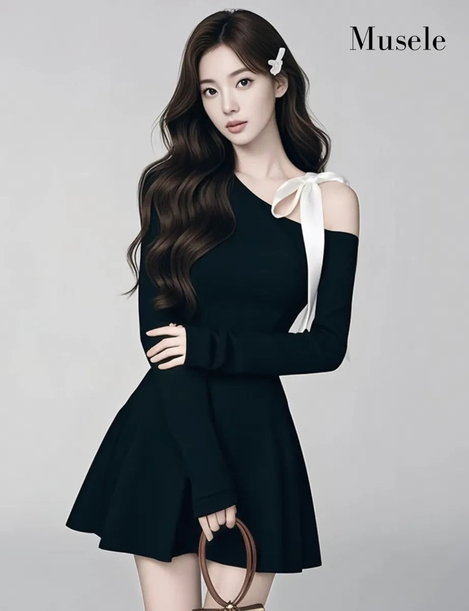 ワンショルダーリボンフレアドレス［m063］