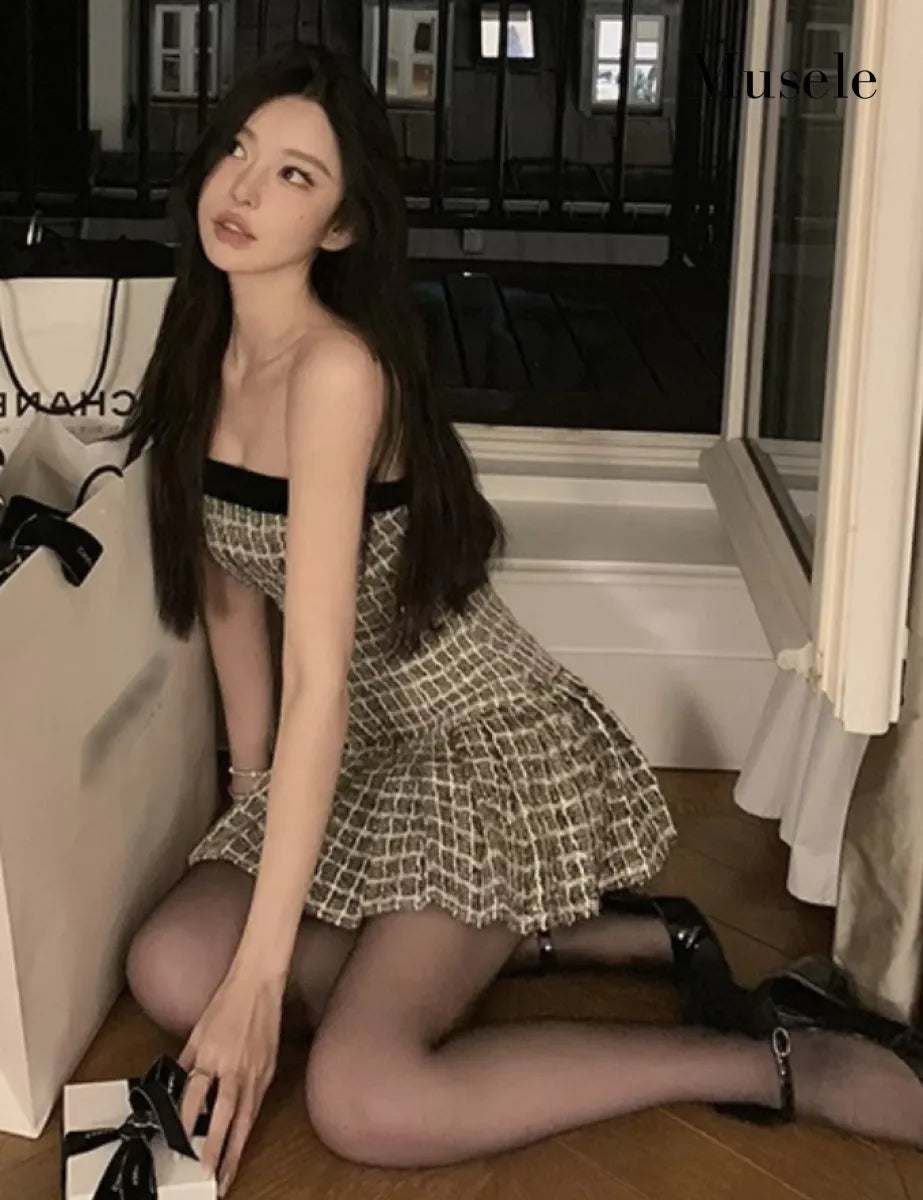 バストリムチェックミニドレス［m029］