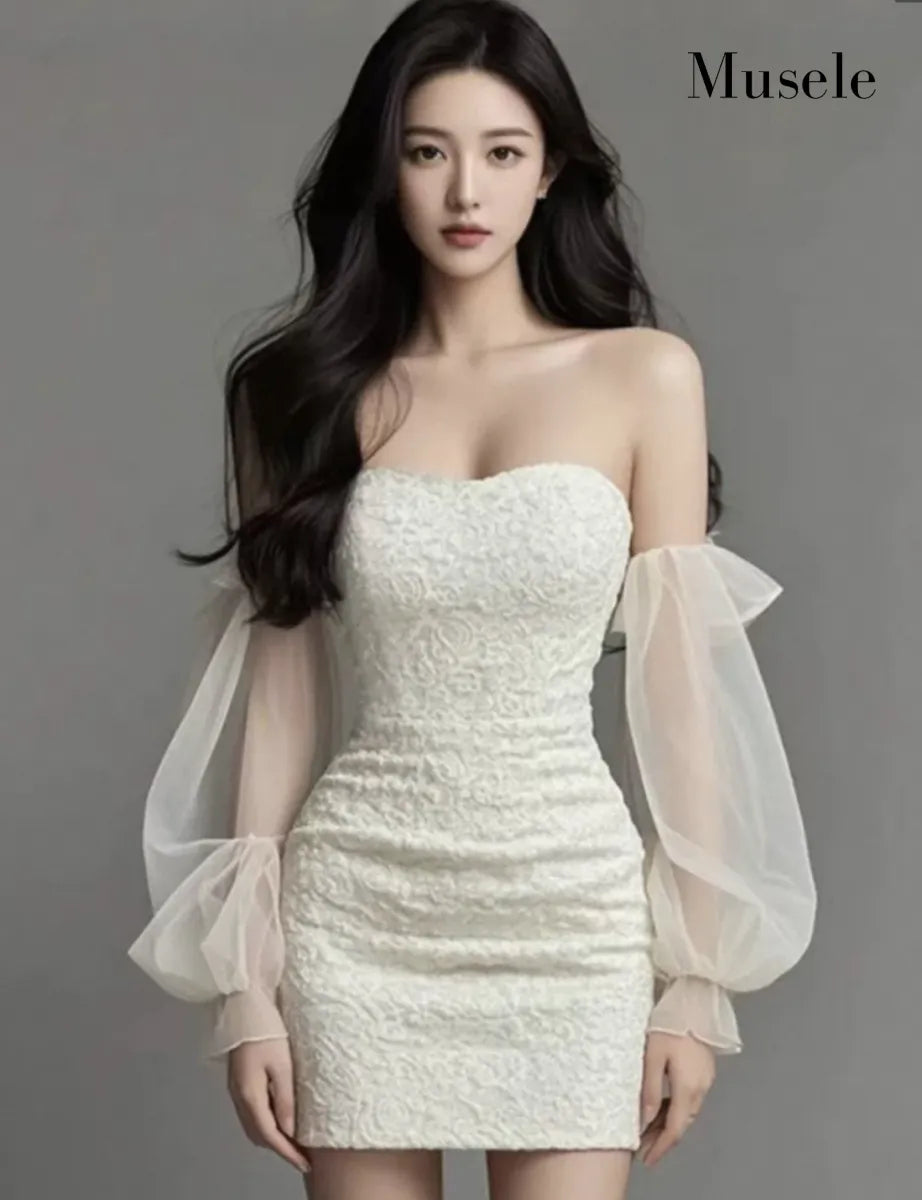 レースオフショルダーチュールドレス［m033］