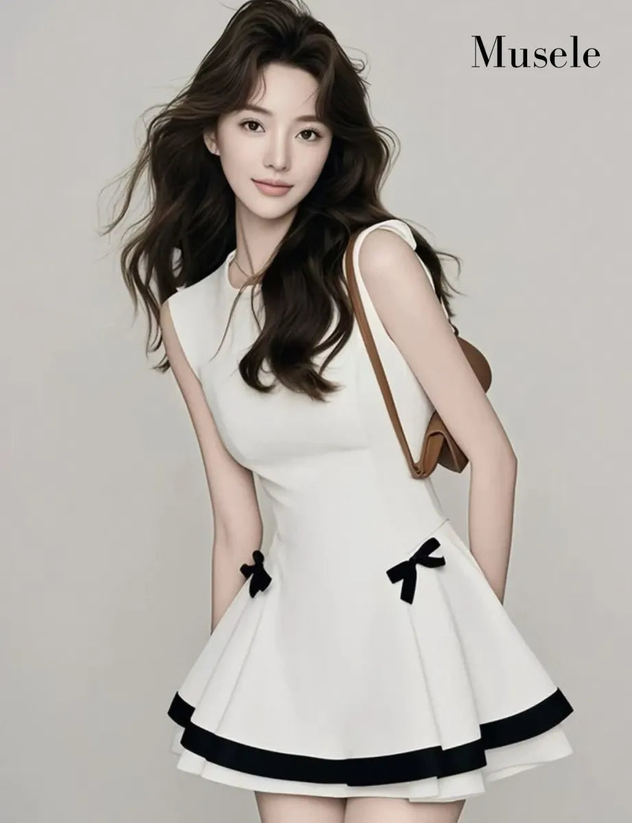 バイカラーリボンフレアドレス［m037］