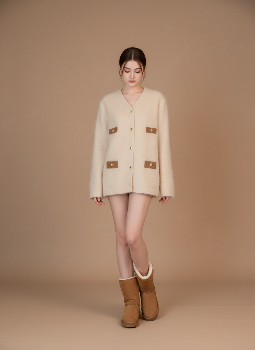 フェザーニット・バイカラーポケットカーディガン[m210]