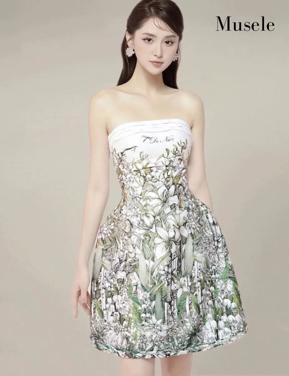 ボタニカルプリントストラップレスドレス［m149］