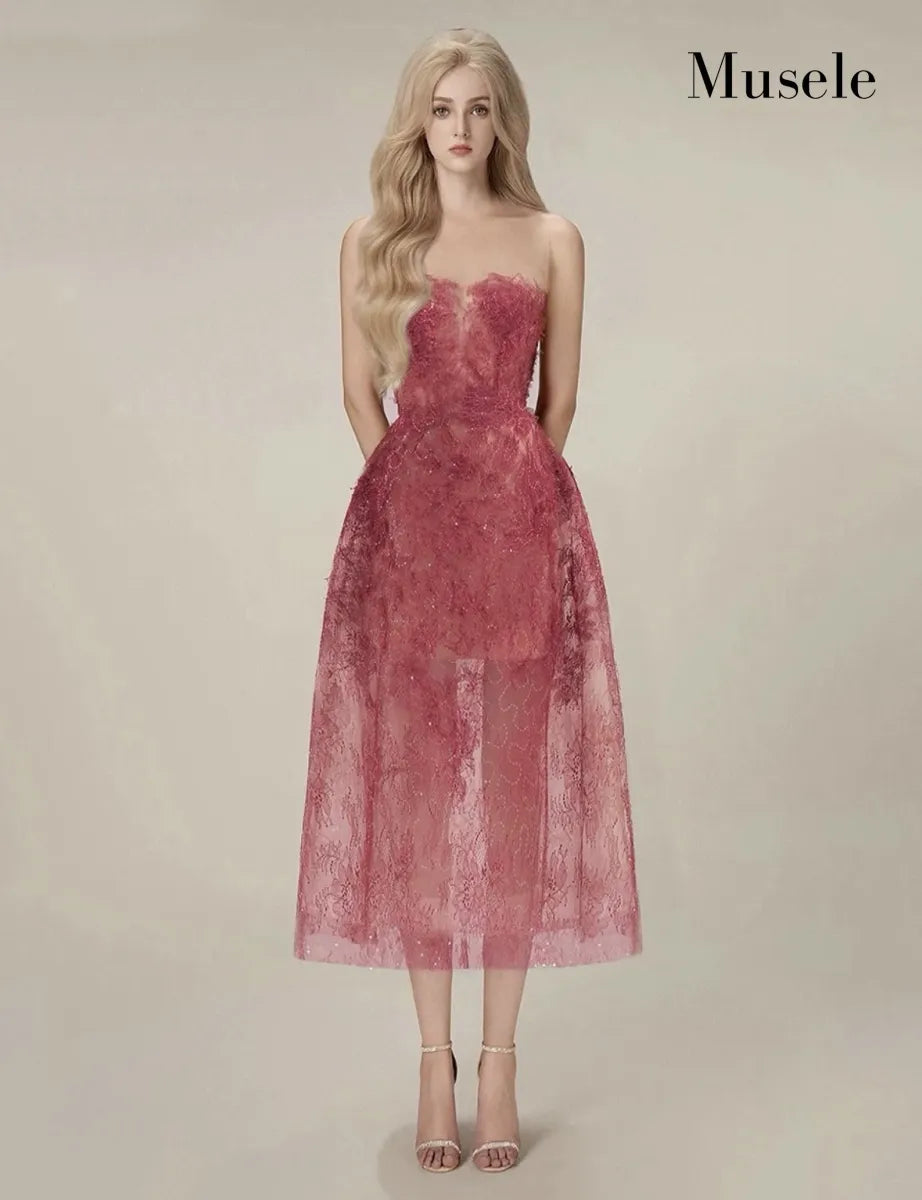 シアーレースビスチェロングドレス［m039］