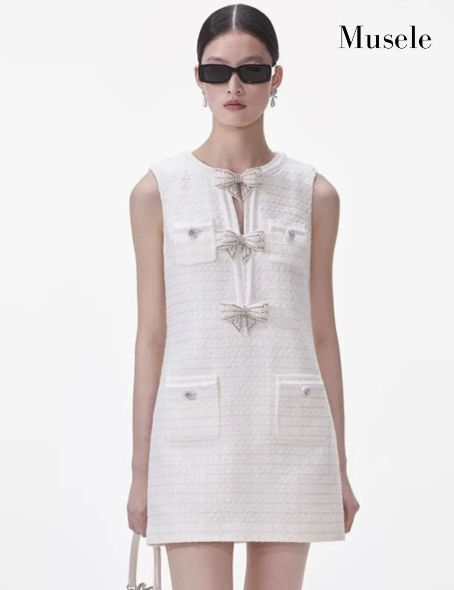 ツイードノースリーブリボンドレス［m064］