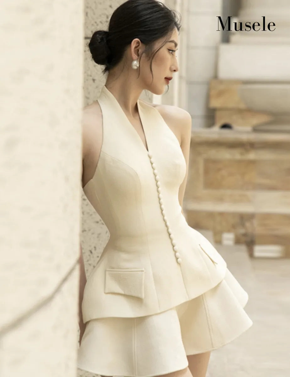 ホルターネックペプラムセットアップドレス［m068］