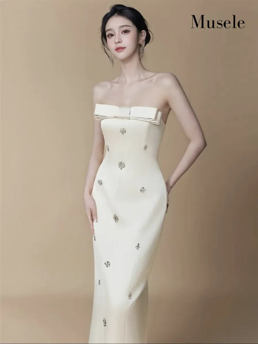 ビジュー付きストラップレスロングドレス［m106］