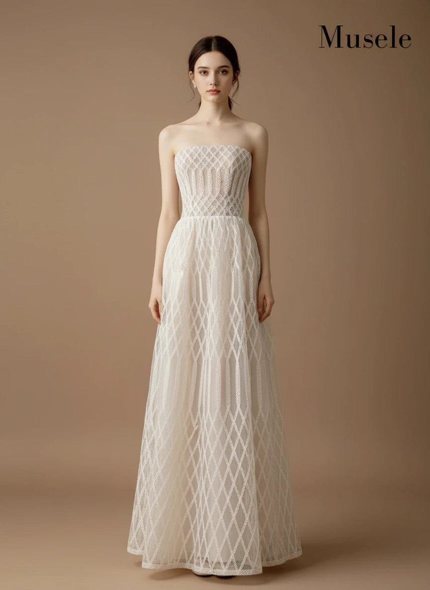 チュールレイヤードストラップレスロングドレス［m119］